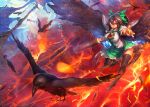  1girl arm_cannon bird bird_wings black_hair black_legwear black_wings bow breasts cape crow feathered_wings feathers hair_bow large_breasts looking_at_viewer molten_rock open_mouth pointing pointing_at_viewer reiuji_utsuho shirt solo spread_wings temmasa22 thigh-highs third_eye touhou weapon white_shirt wings 