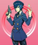  1girl androgynous blue_eyes blue_hair cabbie_hat coat gun handgun hat persona persona_4 persona_4:_the_ultimate_in_mayonaka_arena persona_4:_the_ultimax_ultra_suplex_hold reverse_trap revolver sami_(object_dump) school_uniform shirogane_naoto short_hair solo weapon 