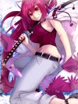  1girl breasts butt_crack denim grin hair_intakes high_heels jacket_on_shoulders jeans long_hair midriff nodachi over_shoulder pants ponytail purple_hair red_eyes sheath sheathed sideboob smile solo sword sword_over_shoulder tank_top under_night_in-birth weapon weapon_over_shoulder yude yuzuriha_(under_night_in-birth) 