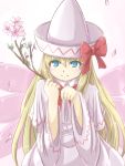  1girl benisan blonde_hair blue_eyes bow branch dress flower hat hat_bow lily_white long_hair petals smile touhou wide_sleeves 