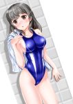  1girl black_hair brown_eyes competition_swimsuit long_hair one-piece_swimsuit original reiji-sss swimsuit towel 