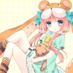  1girl blue_eyes casual doll_hug emil_chronicle_online hair_ornament hat highres hoshi_(snacherubi) long_hair looking_at_viewer low_twintails redhead solo stuffed_animal stuffed_toy teddy_bear triangle_mouth twintails 