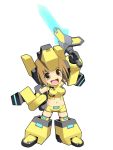  1girl armored_boots beam_saber blush_stickers brown_eyes brown_hair chibi cosmic_break hand_on_hip headgear midriff official_art smile solo sword wakaba weapon zero_saber_girl 