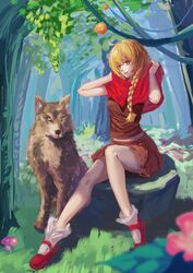  1girl ahoge blonde_hair braid forest highres little_red_riding_hood little_red_riding_hood_(grimm) mary_janes nature outdoors shoes single_braid sitting sketch skirt solo wolf yukiyo_(otca202) 