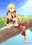  &gt;:( 1girl ahoge arm_support blonde_hair gun gunslinger handgun highres holding kurohachiboku long_hair looking_at_viewer midriff ragnarok_online sitting solo violet_eyes weapon 