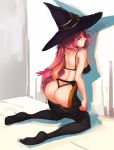  1girl ass black_legwear blazblue blazblue_phase_0 breasts brown_eyes doomfest hat highres konoe_a_mercury large_breasts long_hair looking_at_viewer pantyhose pantyhose_pull redhead solo witch_hat 
