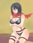  1girl angel_pena_(angelox) bikini black_bikini black_hair blush breast_hold breasts brown_eyes cleavage harness highres kneeling large_breasts midriff mikasa_ackerman red_scarf scarf shingeki_no_kyojin solo swimsuit 