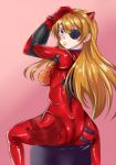  1girl angel_pena_(angelox) ass blue_eyes blush bodysuit breasts brown_hair evangelion:_3.0_you_can_(not)_redo eyepatch from_behind hairpods highres long_hair looking_back neon_genesis_evangelion plugsuit rebuild_of_evangelion shikinami_asuka_langley shiny shiny_clothes sitting solo souryuu_asuka_langley straddling 