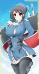  1girl ascot black_gloves black_hair blush_stickers breasts bursting_breasts curvy gloves hand_on_hip hat highres huge_breasts kantai_collection kurokaze_no_sora long_sleeves looking_at_viewer military military_hat military_uniform personification red_eyes short_hair smile solo takao_(kantai_collection) thick_thighs thigh-highs thighs uniform wide_hips 