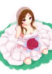  1girl bouquet breasts brown_hair cleavage collarbone dress elbow_gloves flower from_above gloves hair_ornament hairclip highres holding kurohachiboku long_hair looking_at_viewer original sitting smile solo veil violet_eyes wedding_dress 