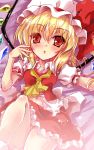  1girl blonde_hair bow flandre_scarlet hat hat_bow mob_cap navel open_mouth puffy_short_sleeves puffy_sleeves red_eyes shirt short_sleeves side_ponytail skirt skirt_set slit_pupils solo touhou vest wings yamu_(reverse_noise) 