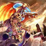  1girl animal animal_ears anklet armlet armor barefoot bastet_(p&amp;d) bird blush bracelet brown_hair cat_ears closed_eyes clouds cloudy_sky dark_skin dirty_feet egyptian fang horus_(p&amp;d) jewelry leg_up long_hair necklace no_nose open_mouth outdoors puzzle_&amp;_dragons ruins shikei_(jigglypuff) skirt sky smile snake solo white_skirt 
