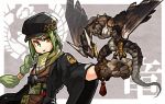  animal_on_hand braid brown_eyes commentary_request dragon gettewi gloves green_eyes hat light_smile long_hair obi original sash scarf solo talons twin_braids wide_sleeves 