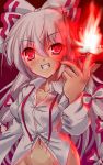  1girl bottomless bow fire fujiwara_no_mokou grin hair_bow hair_ribbon long_sleeves naked_shirt navel out-of-frame_censoring red_eyes ribbon shirt silver_hair smile solo suspenders touhou tress_ribbon yamu_(reverse_noise) 