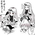  2girls =_= ahoge anklet blanket claws comic horn horns hug jewelry kantai_collection long_hair lying monochrome multiple_girls northern_ocean_hime open_mouth pillow red_eyes revision roshiakouji-chan seaport_hime shinkaisei-kan sleeping smile translated white_hair 