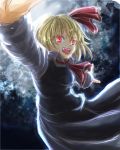  1girl :d benisan blonde_hair hair_ribbon open_mouth outstretched_arms red_eyes ribbon rumia shirt short_hair skirt smile spread_arms touhou vest 