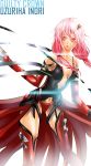  1girl alternate_costume bare_shoulders breasts center_opening cleavage detached_sleeves elbow_gloves fingerless_gloves gloves guilty_crown hair_ornament hairclip highres long_hair looking_at_viewer navel open_mouth pink_hair red_eyes solo thigh-highs twintails yuzuriha_inori 