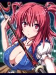  1girl :o belt blush breasts bust cleavage collarbone hair_bobbles hair_ornament large_breasts lips looking_at_viewer no_bra nori_tamago onozuka_komachi open_mouth parted_lips puffy_short_sleeves puffy_sleeves red_eyes redhead shirt_tug short_sleeves smile solo touhou two_side_up 