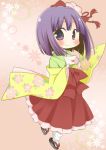  1girl asaba_hiromu chibi hair_ornament hieda_no_akyuu holding japanese_clothes kimono letter looking_at_viewer love_letter lowres purple_hair short_hair smile solo touhou violet_eyes 