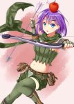  1girl apple_o_archer arrow blue_eyes bow_(weapon) elbow_gloves fingerless_gloves gloves highres holding kurohachiboku looking_at_viewer navel parted_lips purple_hair ragnarok_online ranger_(ragnarok_online) scarf short_hair solo weapon 