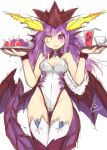  1girl adapted_costume blush breasts cleavage collarbone covered_navel cowboy_shot cup detached_collar dragon_girl dragon_horns dragon_tail dragon_wings drink drinking_straw fang from_above head_fins heterochromia highres holding_plate horns leotard long_hair looking_at_viewer looking_down mou_tama_maru open_mouth plate purple_hair puzzle_&amp;_dragons scales simple_background sketch solo sonia_(p&amp;d) tail thigh-highs violet_eyes white_background wings wrist_cuffs yellow_eyes 