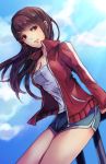  1girl asahina_aoi blush brown_eyes brown_hair dangan_ronpa hair_ornament hairclip jacket open_clothes open_jacket shorts sky smile solo z-epto_(chat-noir86) 