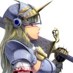  1girl armor blonde_hair blue_eyes breasts comic helmet horn large_breasts lips long_hair masao metal_gloves original profile solo sword weapon 