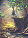  1girl animal_ears bird cliff detached_sleeves forest highres impressionism inubashiri_momiji light_rays nature red_eyes river shield silver_hair solo sun sunbeam sunlight sword tail temmasa22 touhou traditional_media tree weapon wolf_ears wolf_tail 