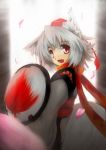  1girl animal_ears bare_shoulders blush cherry_blossoms detached_sleeves fang hat inubashiri_momiji kourindou_tengu_costume leaf_print looking_at_viewer natui open_mouth pom_pom_(clothes) red_eyes shield short_hair silver_hair solo tail tokin_hat touhou wolf_ears wolf_tail 