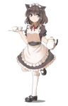  1girl animal_ears black_hair blue_eyes carrying cat_ears cup holding looking_at_viewer maid maid_headdress mary_janes miya_(tokumei) original shoes short_hair simple_background smile solo standing_on_one_leg teacup teapot tray white_background white_legwear 