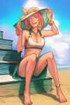  1girl anklet annie_mei annie_mei_project bangle barefoot beach bracelet breasts caleb_thomas cleavage green_eyes hat hoodie jewelry midriff necklace original pendant pink_hair sarong short_hair smile solo sun_hat swimsuit tankini toenail_polish toes watermark web_address 