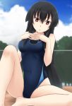  1girl akame akame_ga_kill! alternate_costume bare_legs black_hair blurry blush breasts chain-link_fence clouds competition_swimsuit covered_navel depth_of_field fuuma_nagi hair_between_eyes hands_on_own_chest long_hair looking_at_viewer one-piece_swimsuit red_eyes sitting sky solo swimsuit very_long_hair 