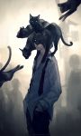  1boy animal_on_head animal_on_shoulder black_cat cat cat_on_head cat_on_person cat_on_shoulder cowboy_shot head_out_of_frame highres looking_at_viewer male original solo standing too_many_cats wenqing_yan 