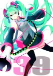  1girl 39 absurdres alternate_color blue_eyes boots crack cross-laced_footwear detached_sleeves green_hair hatsune_miku headphones highres knee_boots lace-up_boots long_hair megaphone necktie skirt smile sogawa66 solo thigh-highs very_long_hair vocaloid white_background 