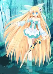  1girl :d arrow barefoot blonde_hair blue_eyes bow_(weapon) breasts cleavage crossed_legs detached_sleeves dress flower hair_flower hair_ornament highres in_water kuon_itsuki long_hair open_mouth original smile very_long_hair weapon 