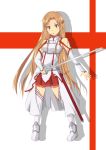  1girl asuna_(sao) brown_eyes brown_hair chest_plate detached_sleeves highres holding kurohachiboku long_hair looking_at_viewer pleated_skirt rapier shadow shoes skirt solo sword sword_art_online weapon white_legwear yuuki_asuna 