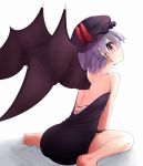  1girl alternate_costume arm_support bat_wings bed_sheet black_clothes black_dress dress from_behind lavender_hair looking_at_viewer looking_back mob_cap off-shoulder_dress pointy_ears remilia_scarlet short_hair side_slit sitting touhou wariza wings 