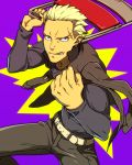  1boy blonde_hair chair gakuran grey_eyes jacket jacket_on_shoulders jewelry necklace nose_piercing persona persona_4 persona_4:_the_ultimate_in_mayonaka_arena persona_4:_the_ultimax_ultra_suplex_hold piercing sami_(object_dump) scar school_uniform short_hair smile tatsumi_kanji 
