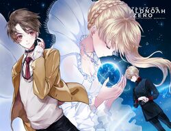  1girl 2boys ahma aldnoah.zero asseylum_vers_allusia blonde_hair blue_eyes breasts brown_hair cleavage closed_eyes copyright_name earth kaizuka_inaho military military_uniform multiple_boys parted_lips projected_inset red_eyes school_uniform slaine_troyard smile tears uniform wind 