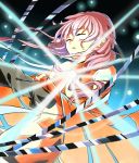  1girl bare_shoulders breasts center_opening closed_eyes detached_sleeves elbow_gloves fingerless_gloves gloves guilty_crown hair_ornament hairclip hand_on_another&#039;s_chest highres kanamex long_hair out_of_frame pink_hair twintails yuzuriha_inori 