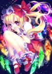  1girl absurdres blonde_hair covering_mouth crystal flandre_scarlet hat highres looking_at_viewer mary_janes mob_cap red_eyes shoes side_ponytail solo suzuka_sario touhou wings wrist_cuffs 