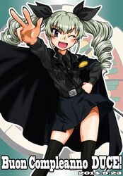  1girl anchovy belt black_legwear blush cape dress_shirt drill_hair emblem food girls_und_panzer green_hair hand_on_hip happy_birthday italian long_hair long_sleeves military military_uniform miniskirt necktie one_eye_closed open_mouth pizza pleated_skirt red_eyes shirt skirt smile solo standing thigh-highs twin_drills twintails uniform zettai_ryouiki 