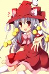  1girl :d character_request dress hat long_hair looking_at_viewer open_mouth reaching red_dress red_eyes silver_hair smile solo towelket_wo_mou_ichido uguisu_mochi_(ykss35) witch_hat 