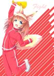  1girl absurdres animal_ears blue_eyes brown_hair copyright_request fang fox_ears fox_tail highres holding kasappi long_hair looking_at_viewer megaphone open_mouth shoes solo tail track_suit 