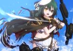  cape eyepatch eyepatch_removed green_hair heterochromia holding kantai_collection katee kiso_(kantai_collection) long_hair looking_at_viewer machinery navel open_mouth pleated_skirt school_uniform serafuku sketch skirt sword torn_clothes weapon 