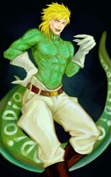  1boy absurdres blonde_hair diego_brando glasgow_smile gloves green_lipstick highres jojo_no_kimyou_na_bouken lipstick makeup scary_monster_(stand) silence_(txx961410160) solo stand_(jojo) steel_ball_run sweater tail yellow_eyes 