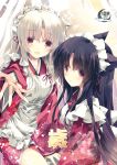  2girls :/ :d animal_ears black_hair cat_ears cover cover_page doujin_cover japanese_clothes lolita_fashion long_hair looking_at_viewer maid maid_headdress mizuki_(pixiv2254368) multiple_girls open_mouth original reaching red_eyes silver_hair smile wa_lolita 