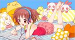  1girl bare_shoulders barefoot bloomers bowtie brown_eyes brown_hair crown dress feet headphones heart lying notebook on_stomach open_mouth original pillow short_hair sleeveless smile soles solo star stuffed_animal stuffed_bunny stuffed_toy toes twintails underwear watomura 