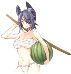  1girl bare_shoulders bokken breasts cowboy_shot eyepatch food fruit fujishiro_touma headgear kantai_collection looking_at_viewer navel over_shoulder sarashi short_hair smile solo sword tenryuu_(kantai_collection) watermelon weapon weapon_over_shoulder white_background wooden_sword yellow_eyes 