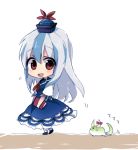  1girl blue_hair book bow chibi dress hat kamishirasawa_keine long_hair open_mouth red_eyes ribbon six_(fnrptal1010) smile solo sukusuku_hakutaku touhou 